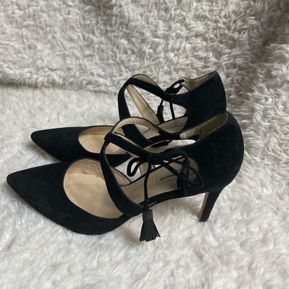 L.K.Bennett Black leather suede 3”heel pointed toe side lace tassel EUR SZ39.5 - Picture 1 of 9